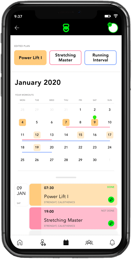 mobile phone showing wide examples of trainings schedule available in app