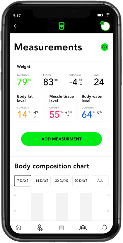 mobile phone showing  examples statistic about user progress  available in app